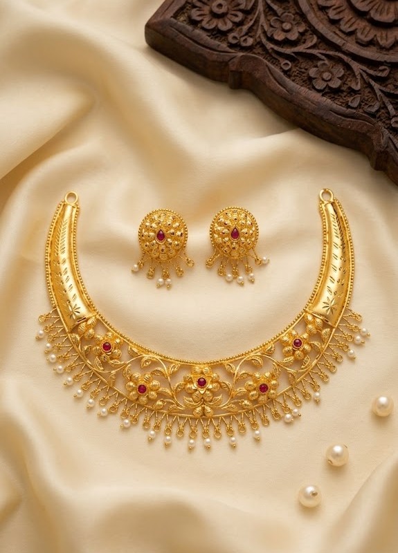 Gold Plated Traditional Choker Necklace Set with Matching Earrings for Women | Pearl & Stone Work Bridal Jewelry